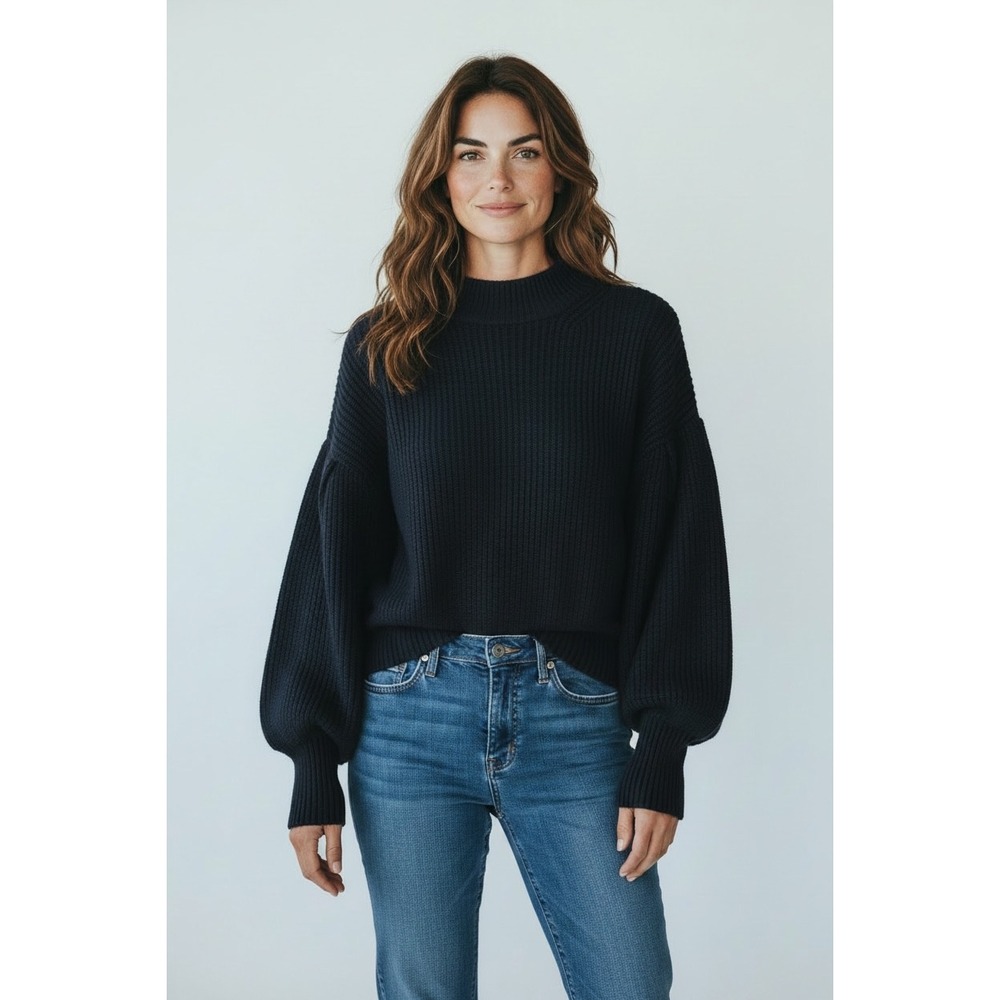 JUST Female Sophie High Neck Knit Sweater Black Ribbed Puff Sleeve M